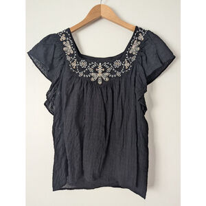 Max Studio Black Embroidered Boho Blouse Top Square Neck Flutter Sleeve Peasant